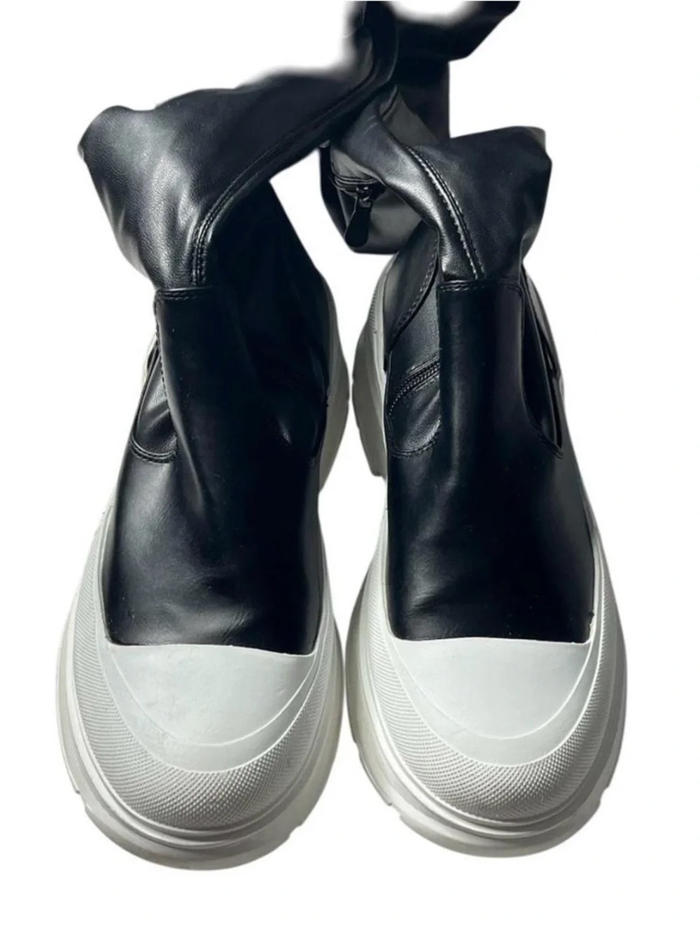 AZALEA WANG LOIS 4 WAY STRETCH MID CALF FLATFORM BOOTS IN BLACK WITH WHITE SOLE